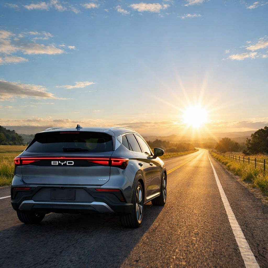 BYD SeaLion 7 SUV driving on an open road toward a bright sunny horizon