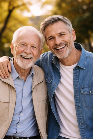 Fernando and his father Jose smiling together in a park.