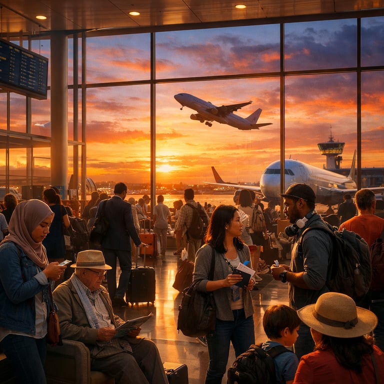 A bustling airport terminal filled with travelers from diverse backgrounds each immersed in their own stories The composition captures the dynamic flo