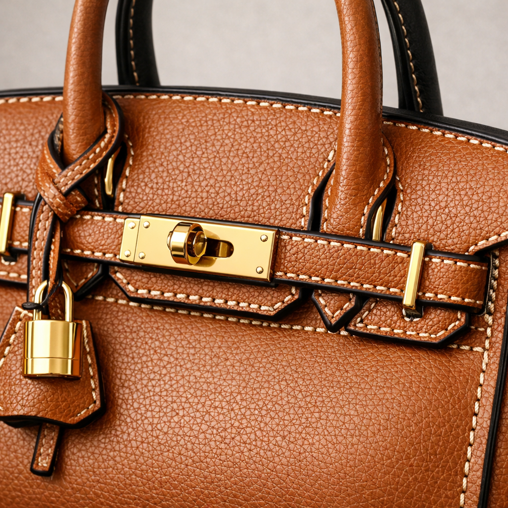 A closeup image of a luxury handbag with visible craftsmanship details such as stitching leather texture hardware and structured silhouette-1