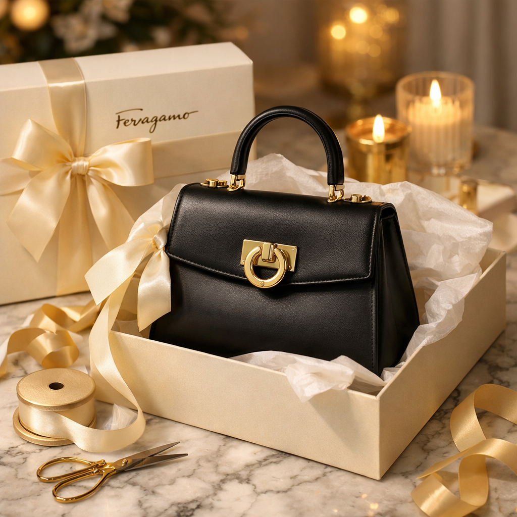 A luxury gift moment featuring a Ferragamostyle handbag beautifully wrapped in an elegant setting such as a marble table with ribbon gift box and soft-1