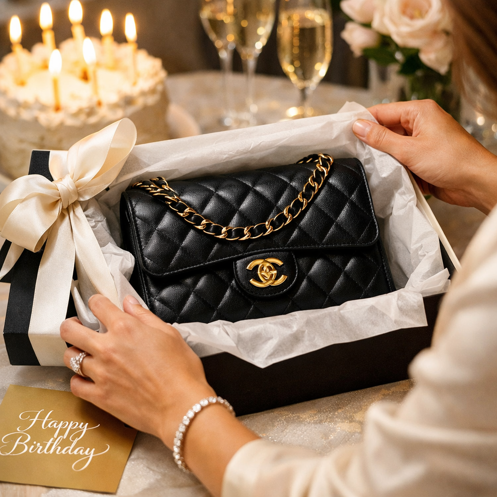 A polished editorial image showing a beautifully wrapped luxury handbag being opened during a special occasion emphasizing timeless elegance emotional-3