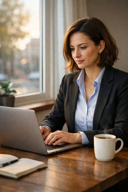 A professional woman early in the morning natural light coffee beside her laptop calm but focused-1