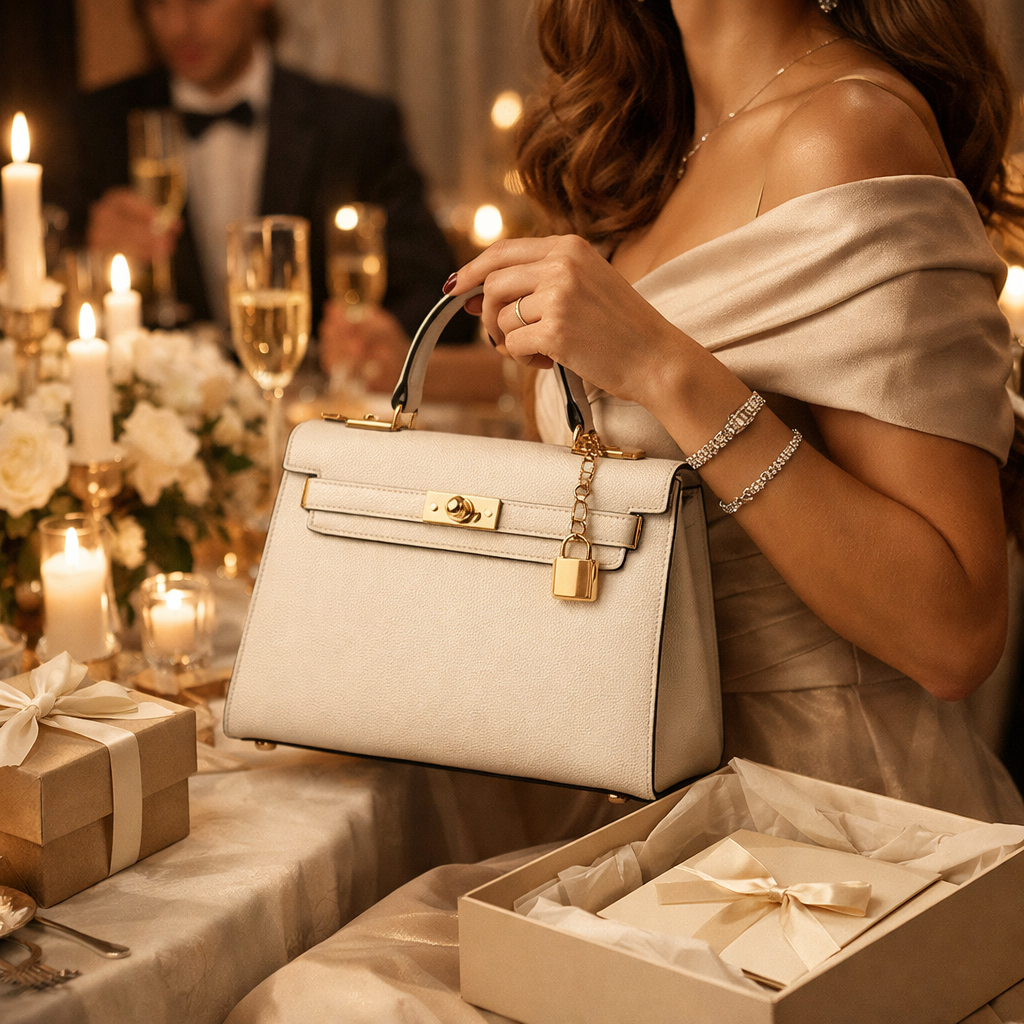 A refined lifestyle image of a woman carrying an elegant structured handbag at a celebration dinner or special event emphasizing luxury gifting and e