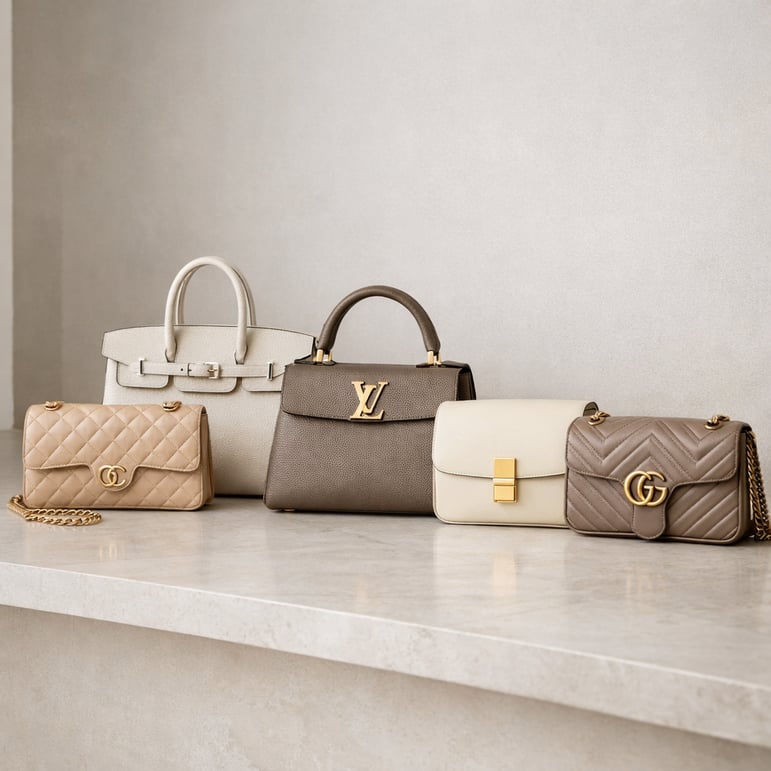 A row of timeless luxury handbags in neutral tones displayed in a minimalist elegant setting-1