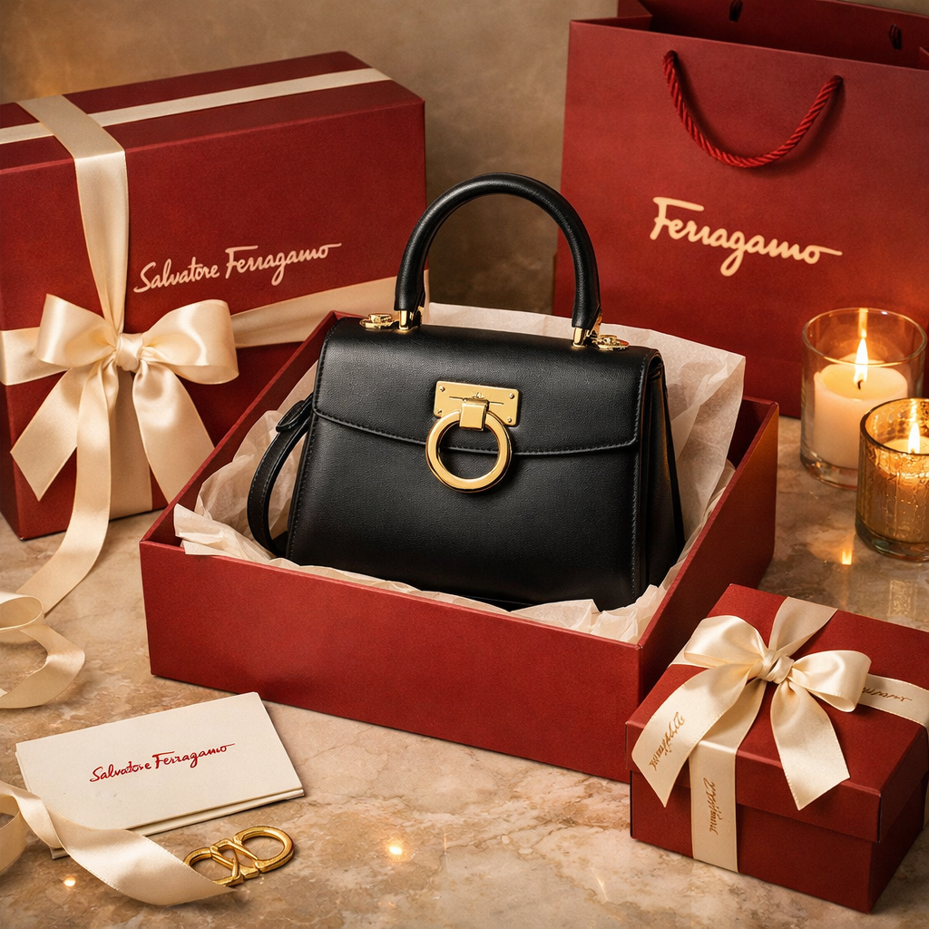 A sophisticated luxury gifting scene centered around a Ferragamo handbag presented in elegant packaging on a refined marble or neutraltoned surface Th