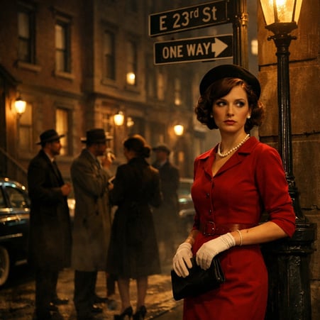 A stylishly composed scene captures a 1950s New York street lined with elegant brownstone buildings and vintage cars parked along the curb The warm gl-1