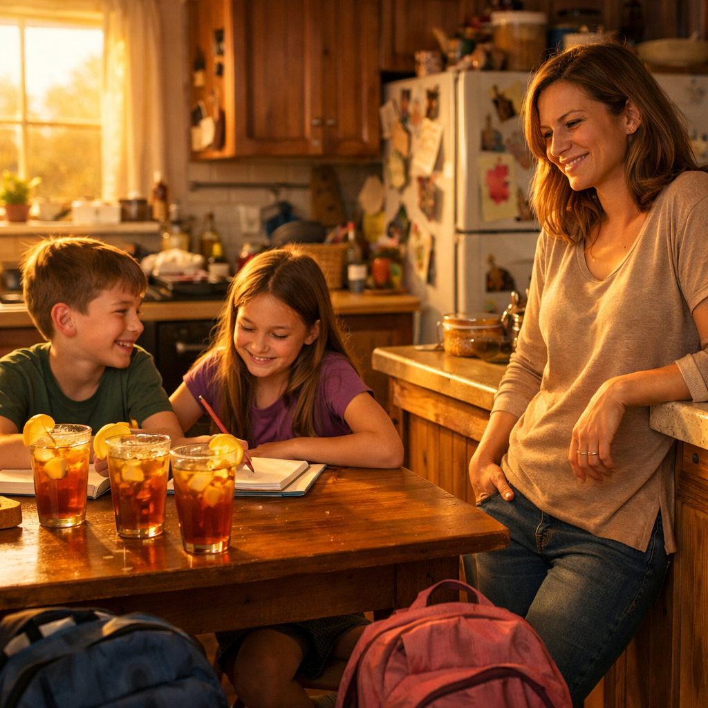 Busy kitchen 6PM golden hour mom mid30s leaning against counter smiling softly two kids 8-10yo sitting at table with school backpacks nearby three glasses, sharing iced drinks and talking after school.