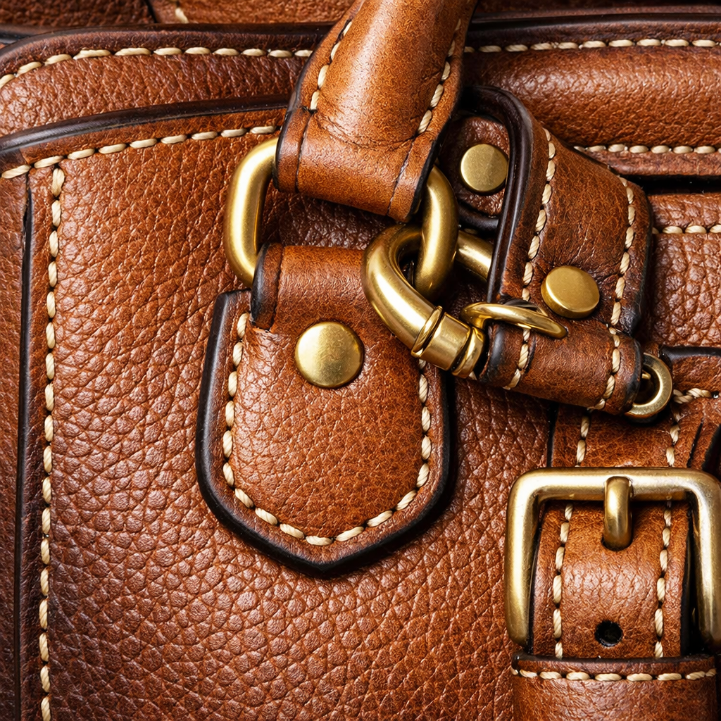 Closeup of leather craftsmanship details such as stitching hardware handle structure and textured finish-1