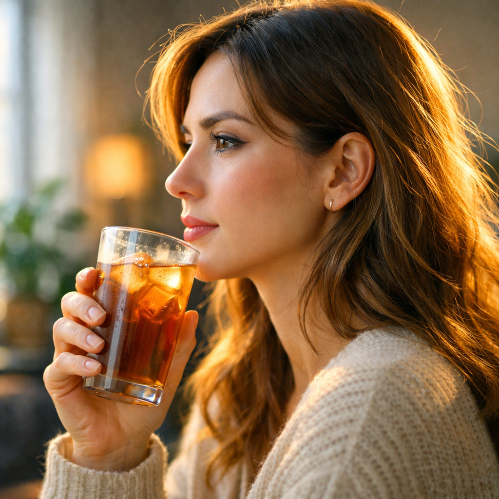 Closeup thoughtful woman late 20s early 30s gazing out window holding glass iced tea near lips soft profile view morning sunlight creating rim light