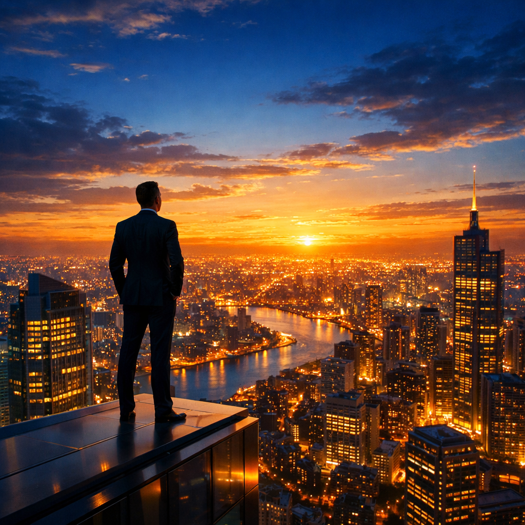 Envision a bustling cityscape at dusk where a confident businessperson stands atop a sleek skyscraper gazing out over a sea of twinkling lights The wa