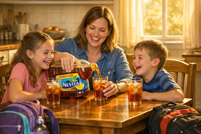 Family Gathering at Wooden Kitchen Table with Iced Tea and Golden Light-4