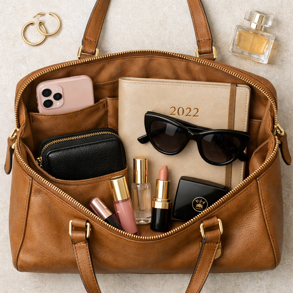 Flat lay of a luxury work bag with essentials inside phone planner wallet sunglasses and cosmetics