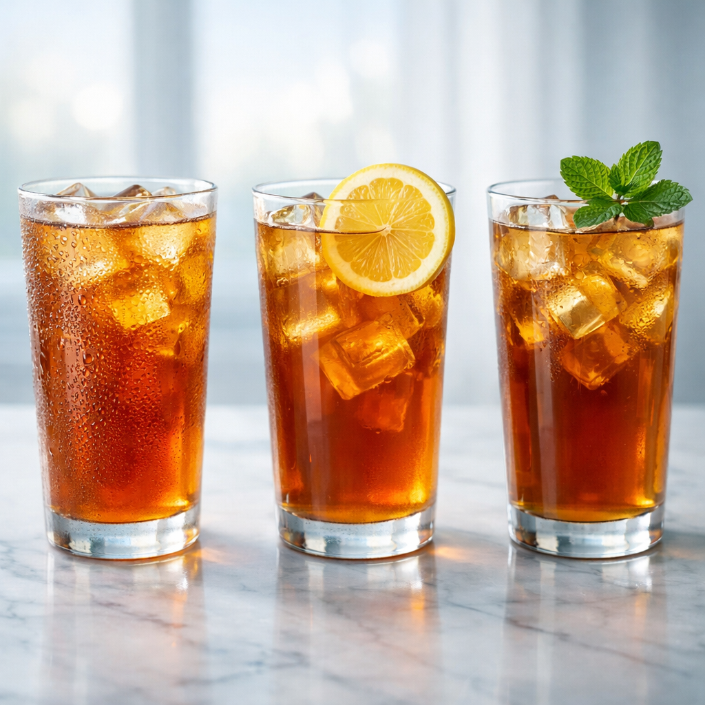 Hero shot three tall glasses iced tea on marble surface one with condensation droplets one with lemon slice one with mint sprig soft bokeh background
