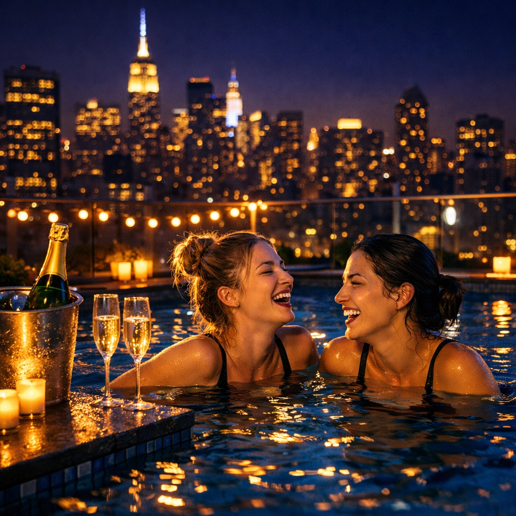 Imagine a serene rooftop pool at night where two friends relax in the shimmering water laughter echoing in the air A bottle of champagne sparkles next