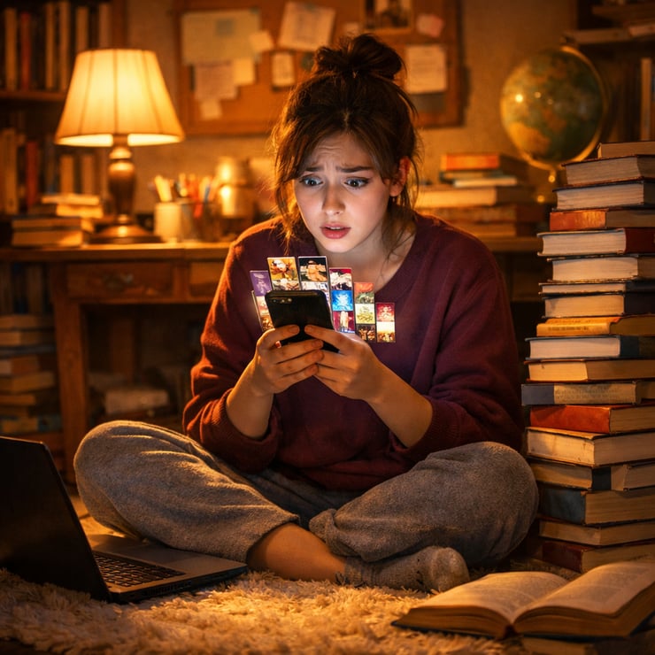 In a cozy dimly lit study room a young woman student sits crosslegged on a plush rug her laptop resting beside her as she scrolls through an endless a-2