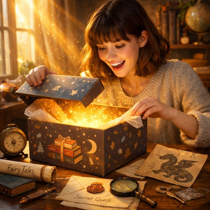 In a cozy warmly lit room a young woman with bangs and shoulder length hair eagerly unboxes a beautifully wrapped surprise book box Soft rays of golde-1