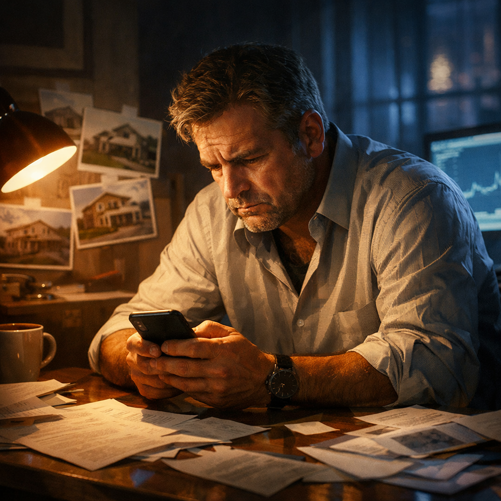 In a dimly lit office filled with scattered papers and a flickering computer screen a weary real estate investor sits hunched over his phone a look of-1