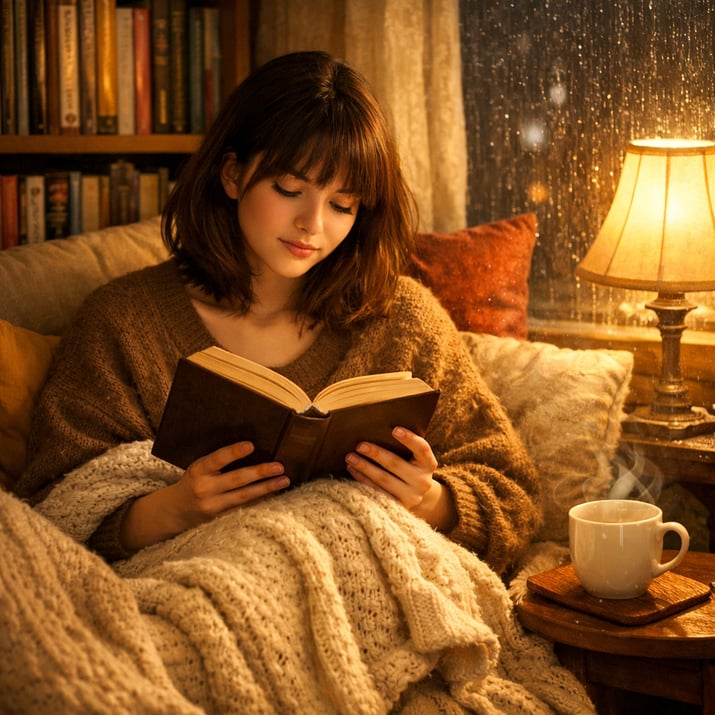 In a softly lit cozy nook adorned with plush cushions and a warm knitted blanket a young woman with bangs and shoulder length hair is deeply immersed-1