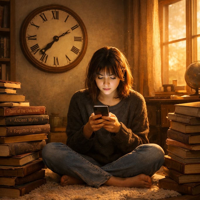 In a study room a young woman sits crosslegged on a plush rug engrossed in her smartphone the glow illuminating her curious face Stacks of dusty unrea-1