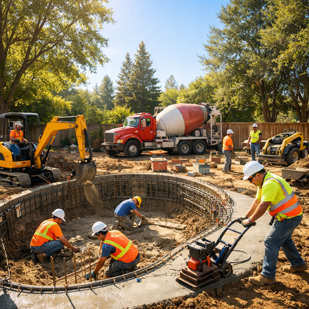 In a sundrenched backyard a dedicated construction team is energetically building a sparkling pool Heavy machinery and various engines hum with activi-1