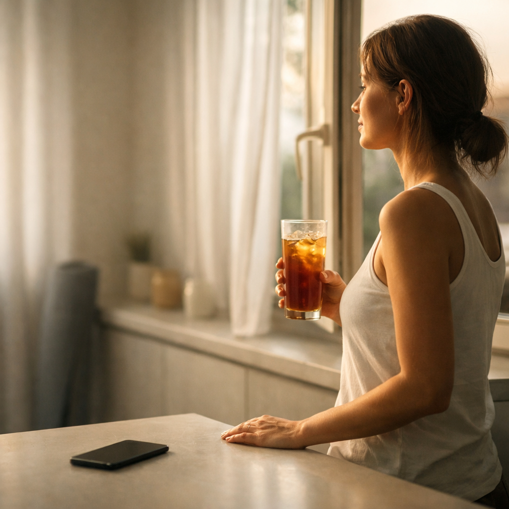 Minimalist kitchen at dawn 30s woman in white tank top standing by open window holding tall glass of iced tea with condensation soft morning light fil-1