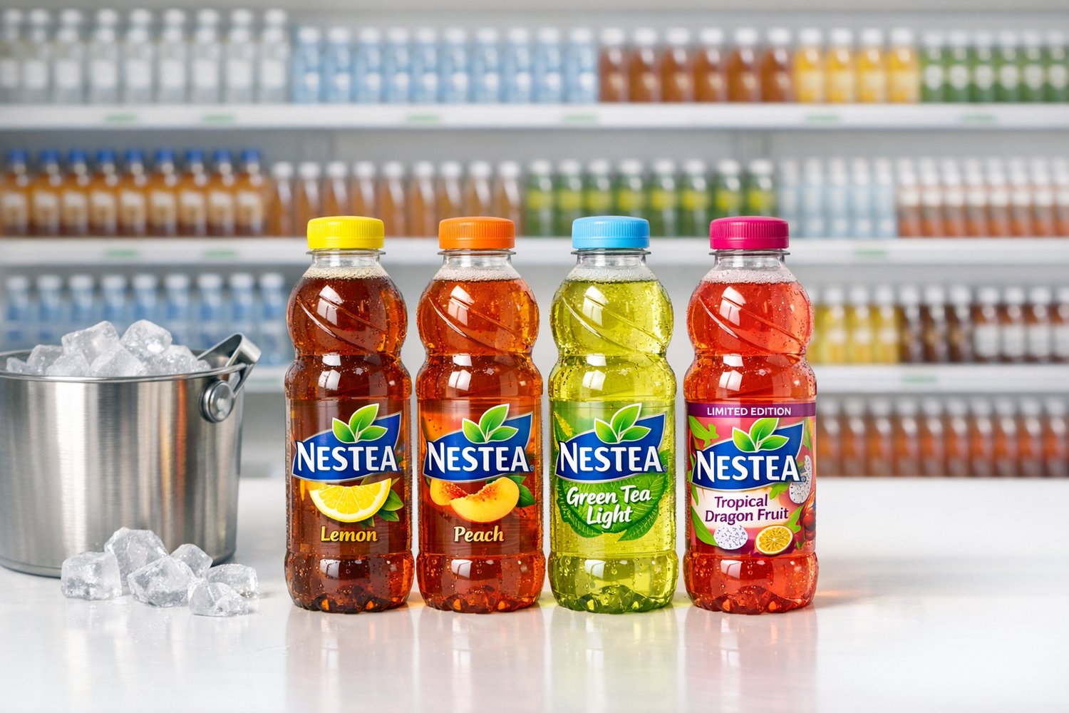 Nestea Bottles on Minimalist Grocery Shelf