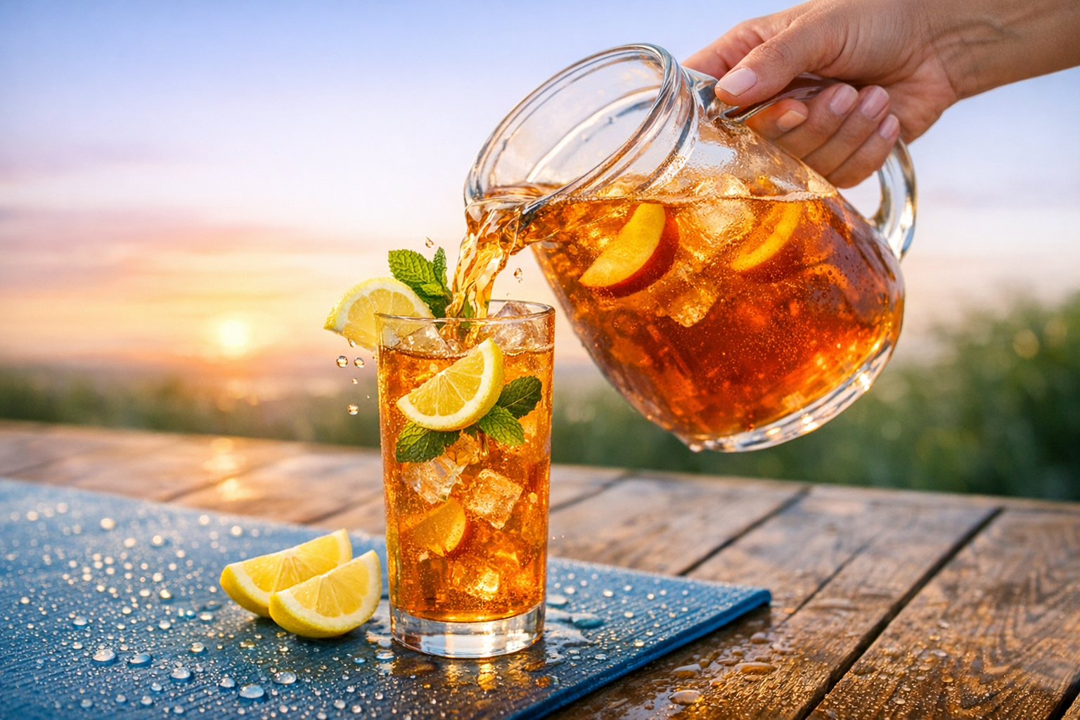 Nestea Peach Mango Pouring into Glass on Yoga Deck-1