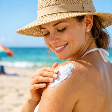 Person applying sunscreen or sunscreen bottle