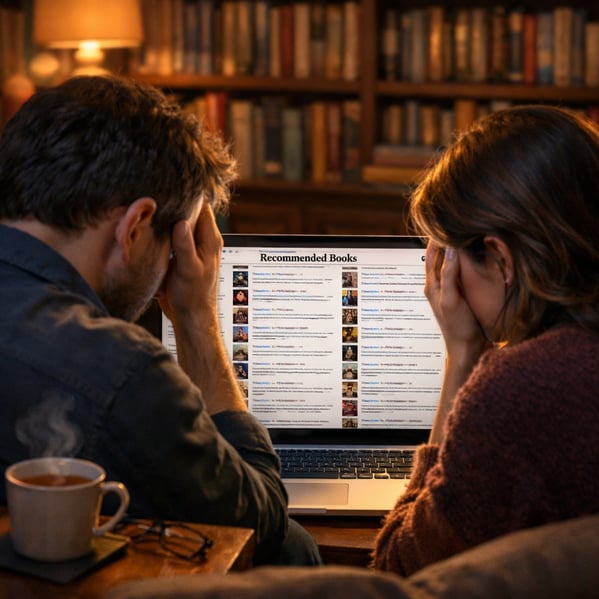 Struggling Readers in Cozy Living Room with Bookshelves and Tea-3