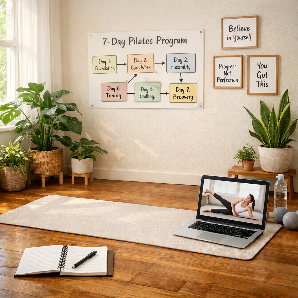 The image features a serene home workout space bathed in natural light from a large window A soft lightcolored yoga mat is centered on a polished wood-4 The image features a serene home workout space bathed in natural light from a large window A soft lightcolored yoga mat is centered on a polished wood-4