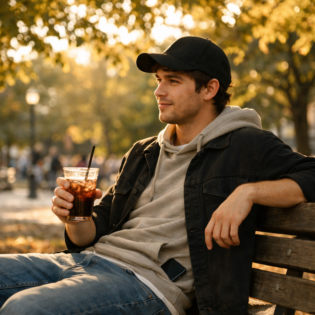 Young man 25-30 sitting alone on wooden park bench casual streetwear holding cold glass drink with ice autumn sunlight filtering through tree leaves