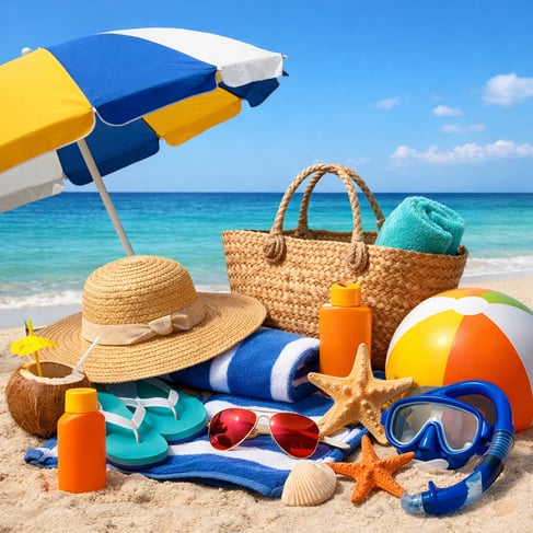beach accessories like sun glasses hat umbrella etc