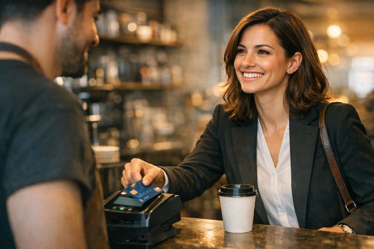 cinematic A 30 year old professional woman purchasing a coffee at a coffeeshop by tapping her credit card while smiling at the cashier
