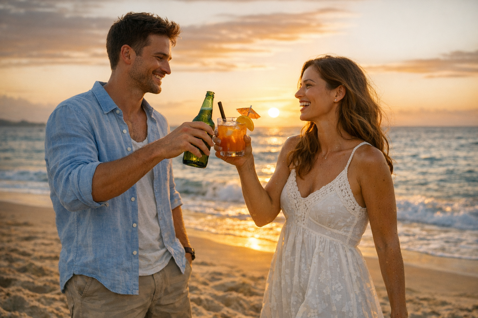 cinematic A happy 30 year old couple cheersing drinks on the beach while standing in the sand by the ocean-1