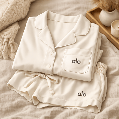 create an image of a closeup of soft fabric folded sleepwear set or a calm bedroom scene with natural textures remember to add the alo logo