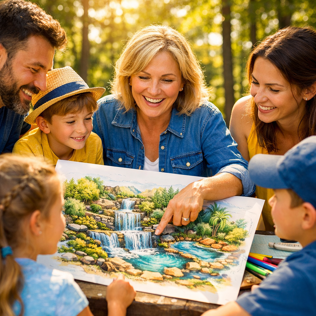 filters through the trees casting playful shadows on the ground The family a mix of adults and children leans in closer their faces illuminated with a