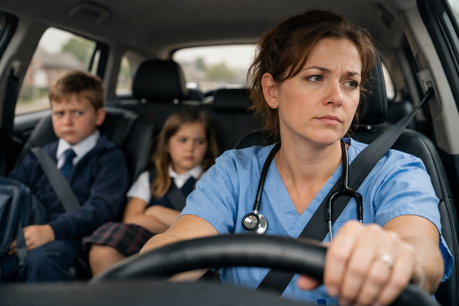 Mother in nurse uniform driving her children to school in the backseat, looking tired during an early morning commute