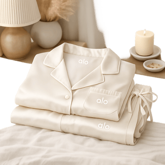 premiumlooking sleepwear image folded set serene bedroom corner or woman in minimal loungesleepwear in a polished home setting with alo logo
