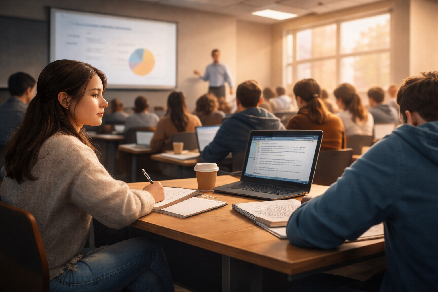 Student taking notes in a fast-paced lecture while trying to keep up