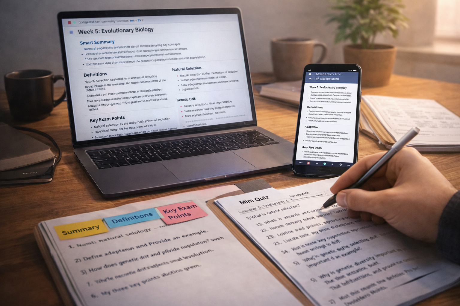 Student reviewing AI-generated lecture summary, definitions, and exam points after class