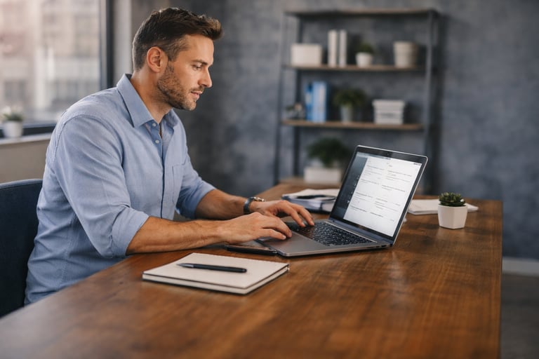 Founder reviewing meeting notes and action items on a laptop in a modern office.