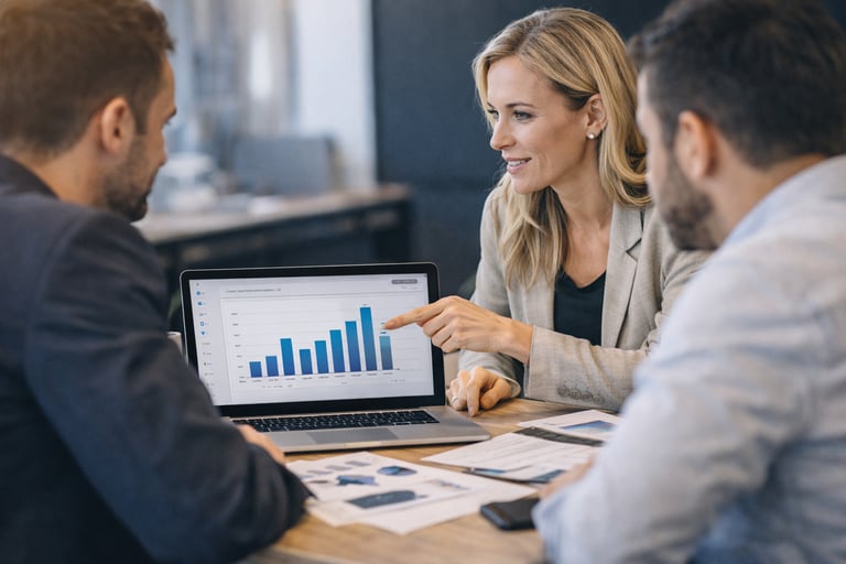 Professional team reviewing workflow performance, meeting documentation, and execution planning.