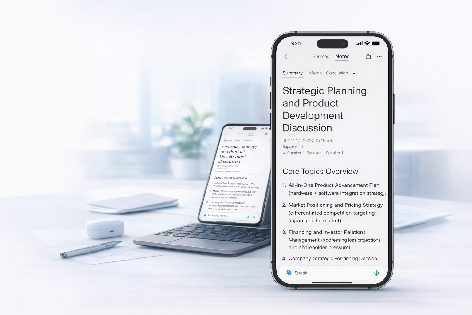 AI meeting summary and action items displayed in a mobile app