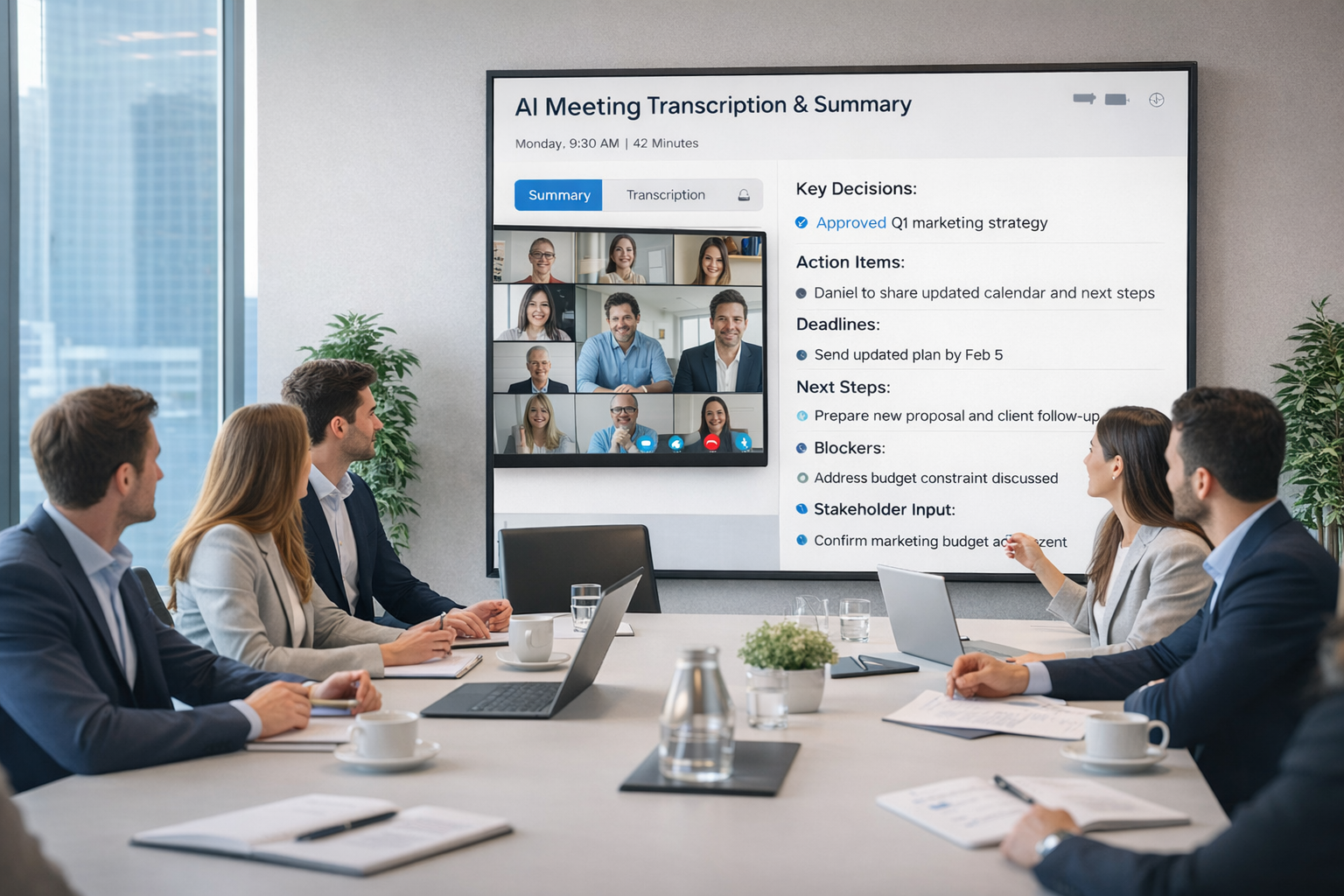 AI meeting transcription and summary with key decisions and action items