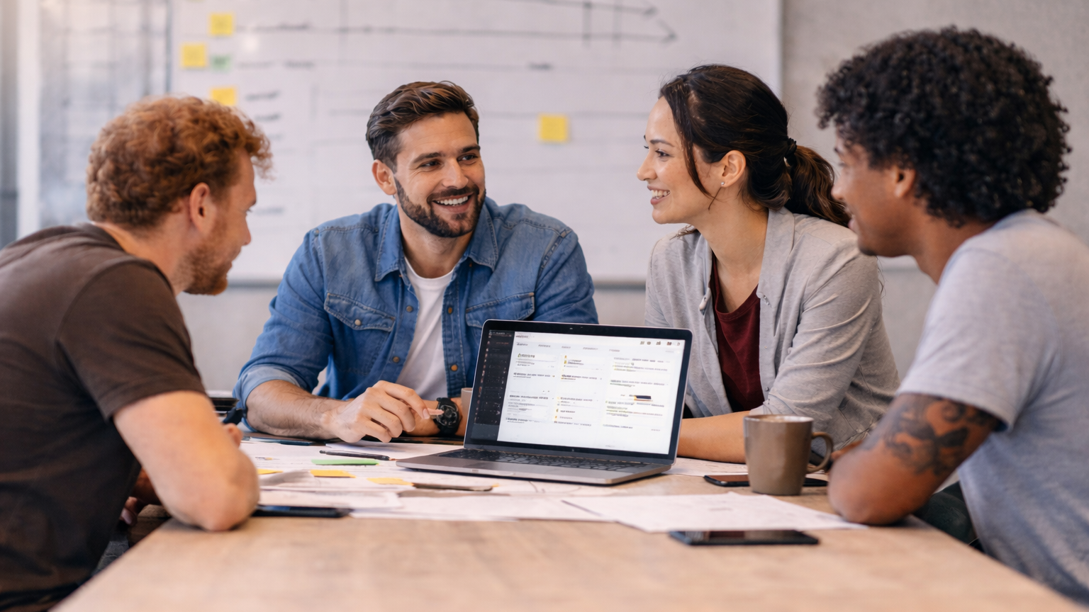 Startup founder and team reviewing meeting follow-up, action items, and execution plan during a strategy meeting.