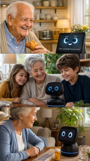 Collage of three moments of Amiro AI. One reminding an elder to take their medicines, another havingg breakfast with Adolfo and another enjoying a familiar moment with a grandma and her grandsons.