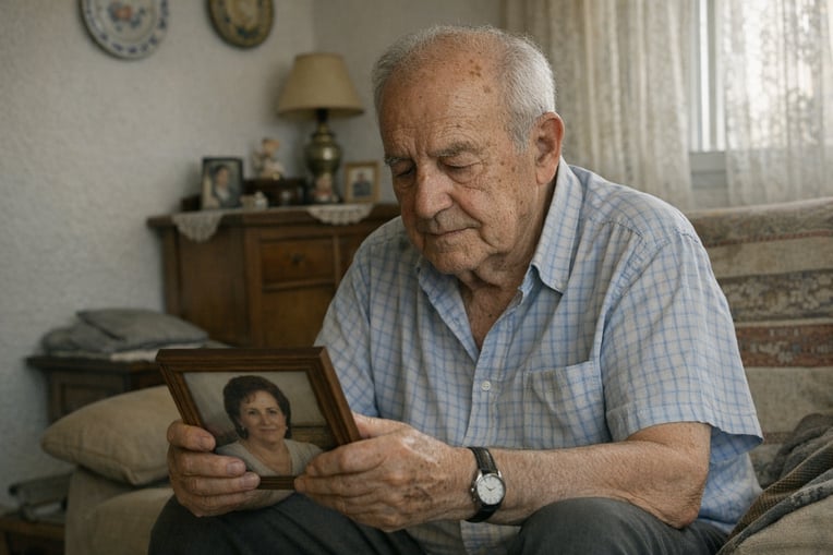 Adolfo, 80 year-old, sat on his couch, staring at a photo of his wife.