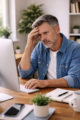 Fernando doing some research on his desktop computer, visibly worried.