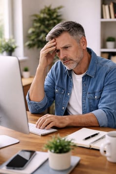 Fernando doing some research on his desktop computer, visibly worried.